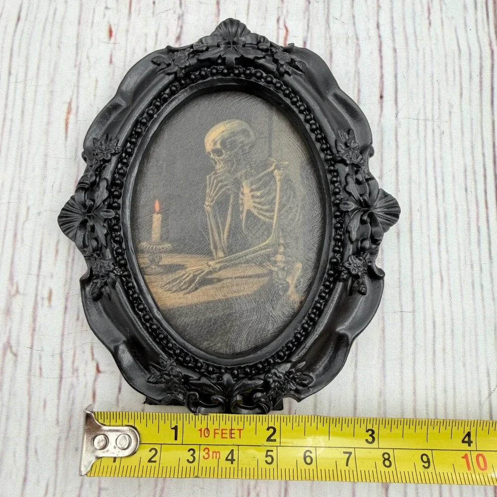 Gothic Pensive Skeleton Art Print Decoupaged in Black Ornate Resin Frame